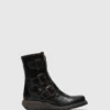 Black Leather Buckle Ankle Boots